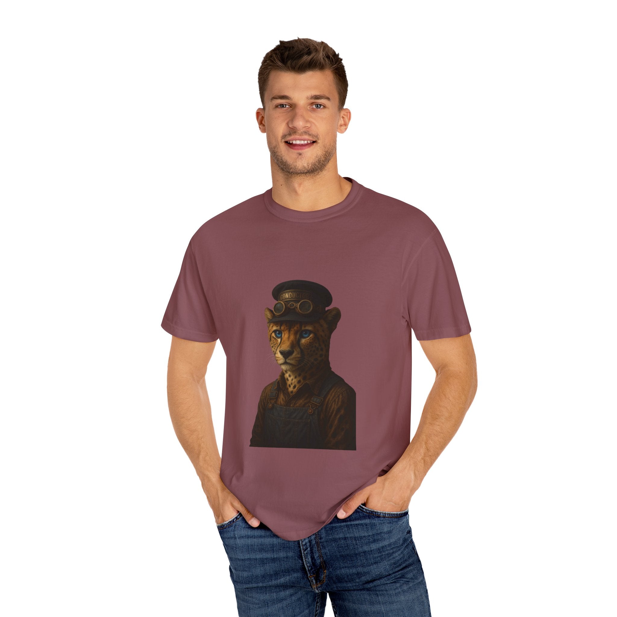 Cheetah Conductor from "Steampunk Kingdom" T-shirt, Unisex Tee, Animal Lover Gift, Casual Wear, Unique Graphic Tee, Perfect for Festivals