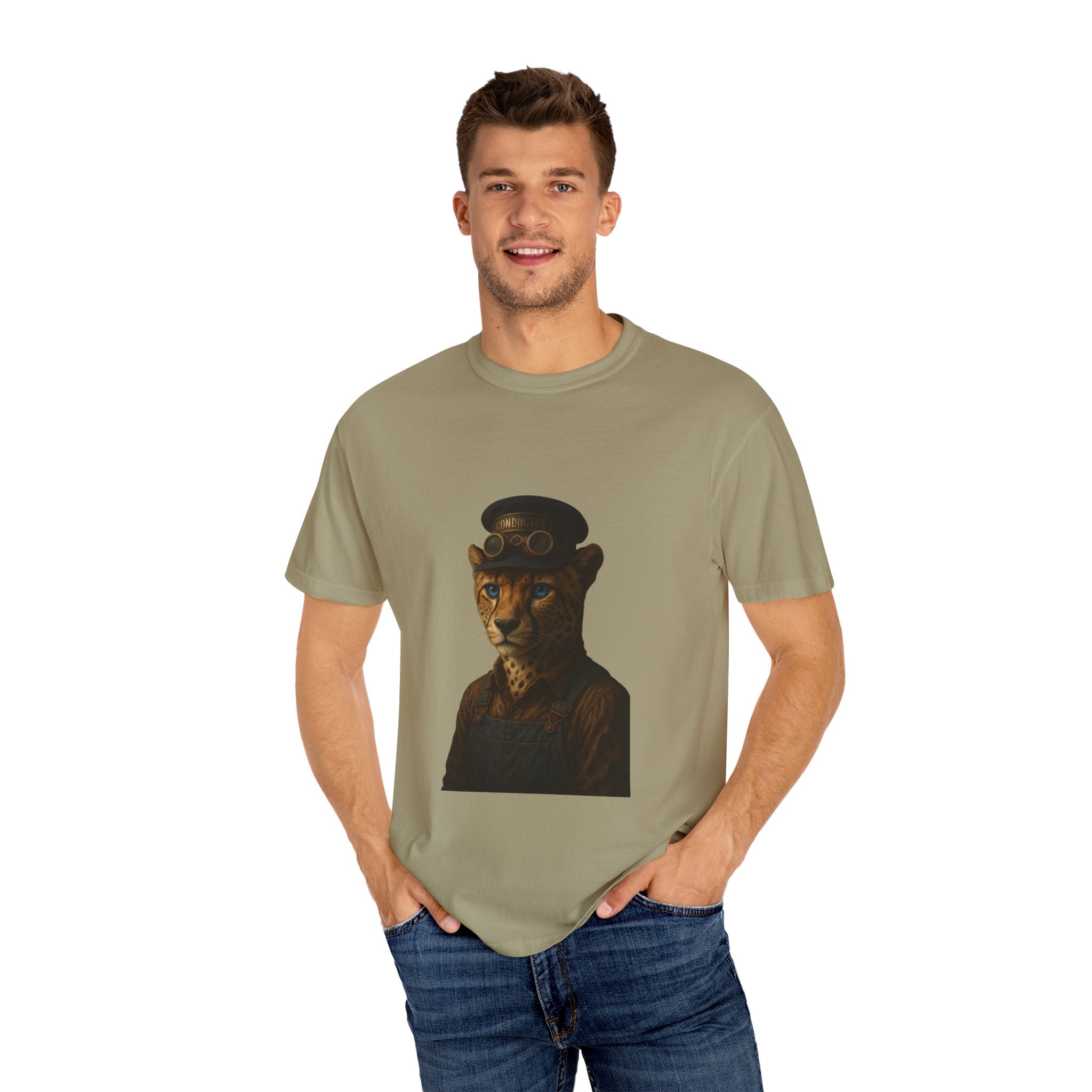 Cheetah Conductor from "Steampunk Kingdom" T-shirt, Unisex Tee, Animal Lover Gift, Casual Wear, Unique Graphic Tee, Perfect for Festivals