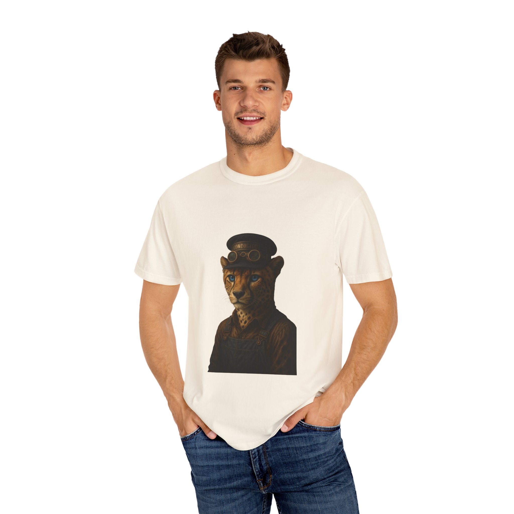 Cheetah Conductor from "Steampunk Kingdom" T-shirt, Unisex Tee, Animal Lover Gift, Casual Wear, Unique Graphic Tee, Perfect for Festivals