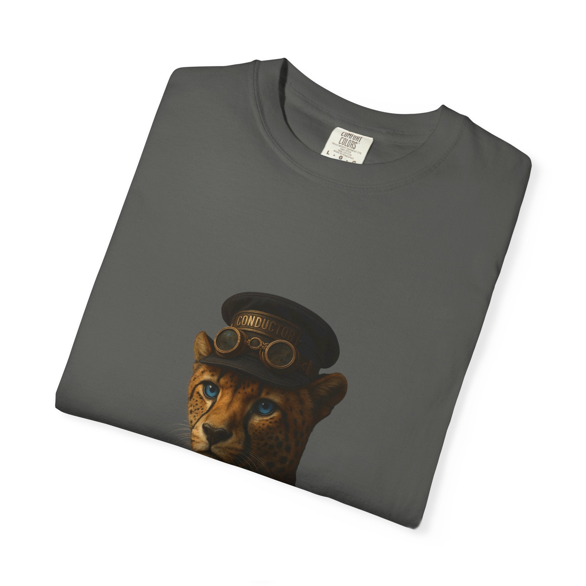 Cheetah Conductor from "Steampunk Kingdom" T-shirt, Unisex Tee, Animal Lover Gift, Casual Wear, Unique Graphic Tee, Perfect for Festivals