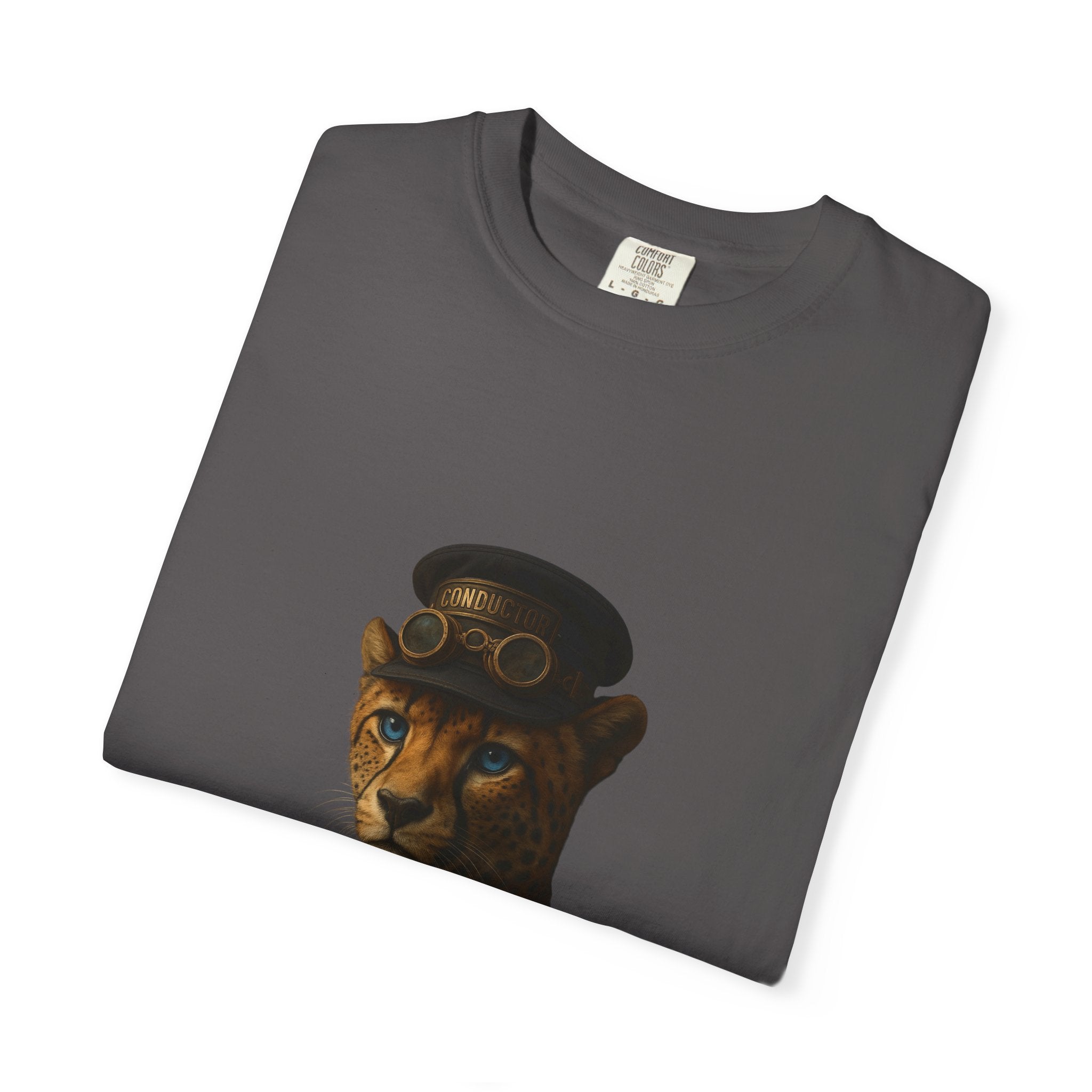 Cheetah Conductor from "Steampunk Kingdom" T-shirt, Unisex Tee, Animal Lover Gift, Casual Wear, Unique Graphic Tee, Perfect for Festivals