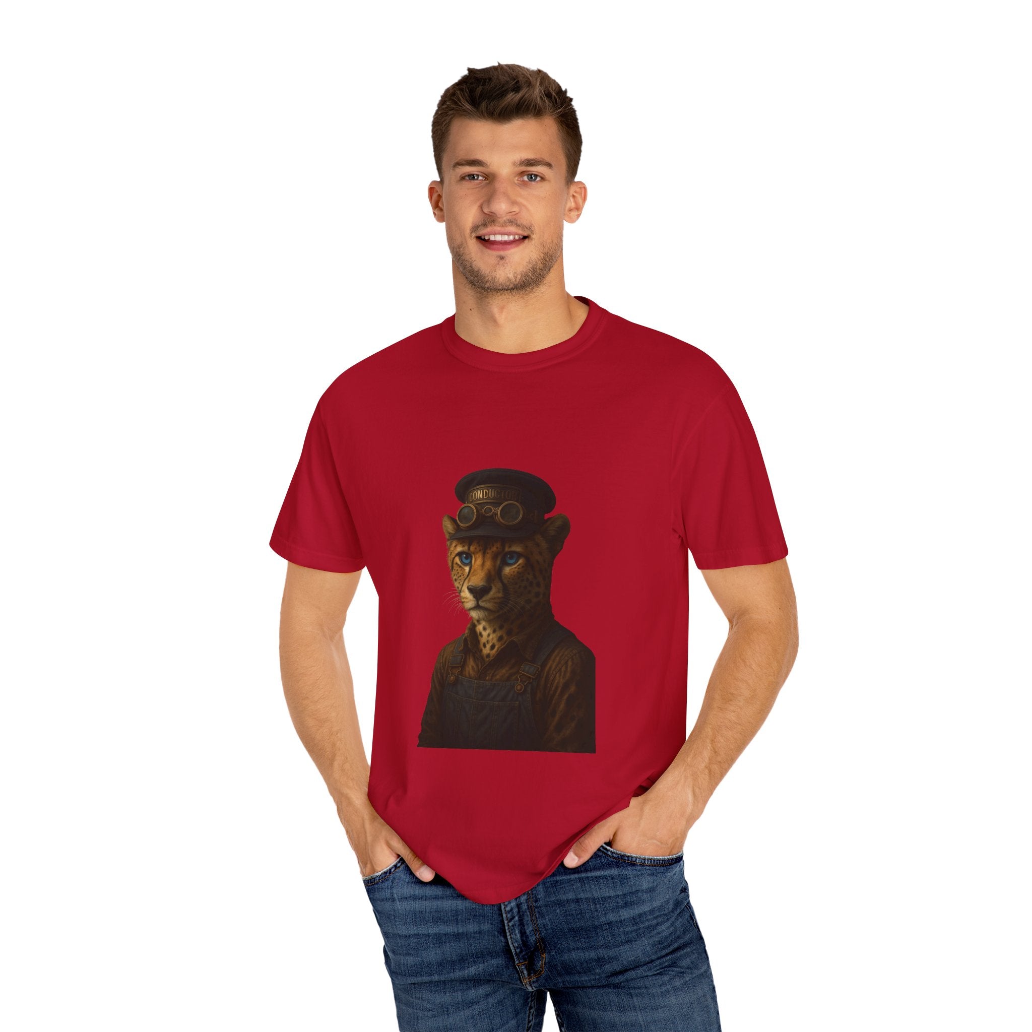 Cheetah Conductor from "Steampunk Kingdom" T-shirt, Unisex Tee, Animal Lover Gift, Casual Wear, Unique Graphic Tee, Perfect for Festivals