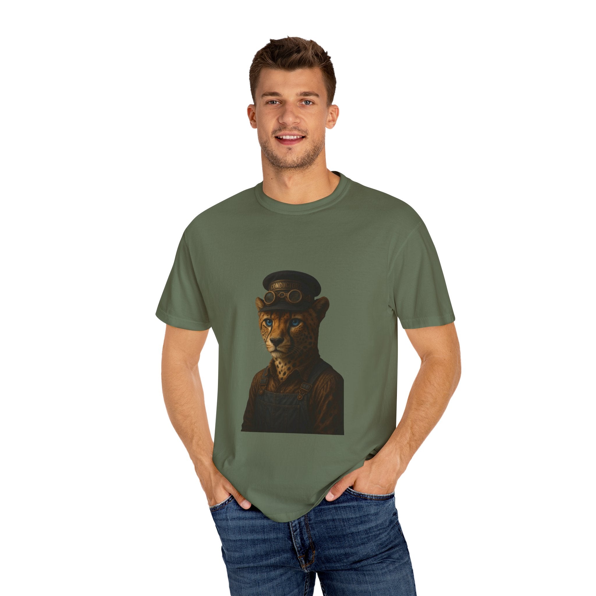 Cheetah Conductor from "Steampunk Kingdom" T-shirt, Unisex Tee, Animal Lover Gift, Casual Wear, Unique Graphic Tee, Perfect for Festivals