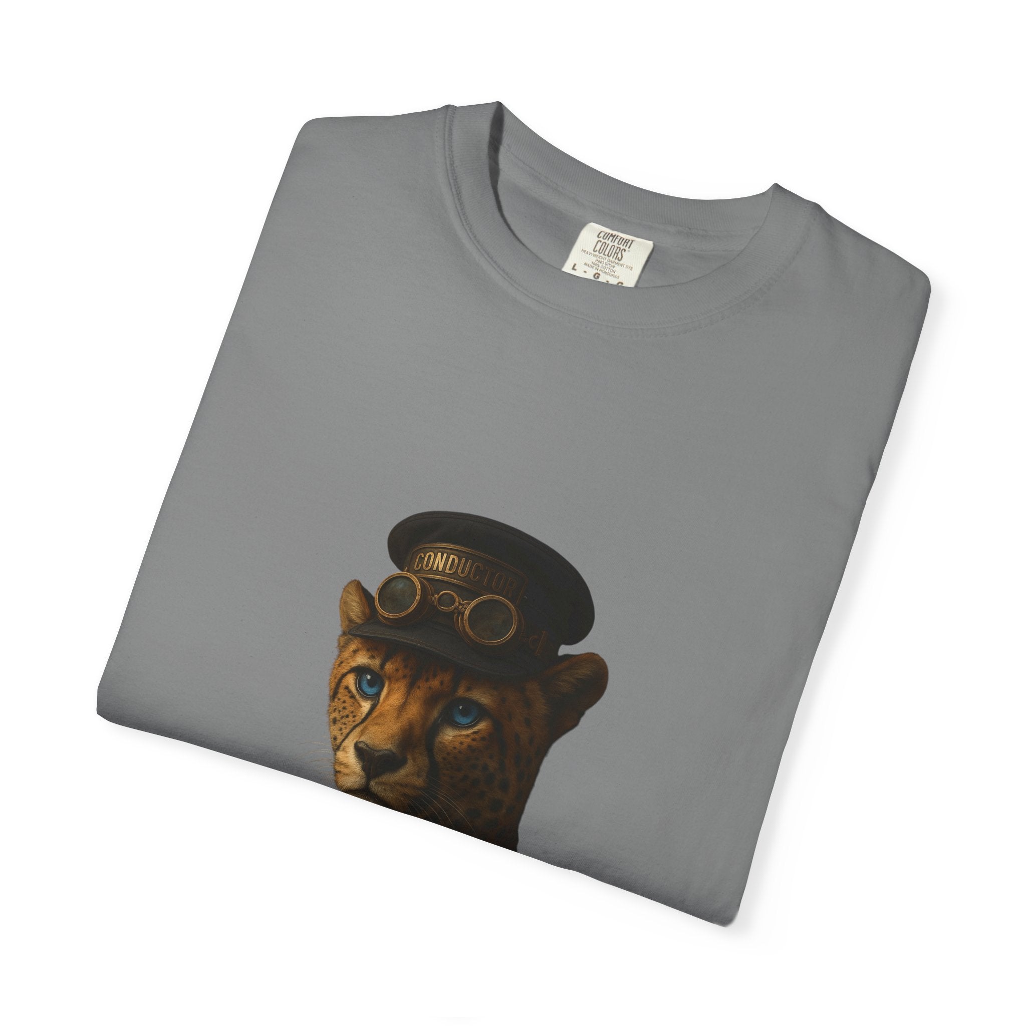 Cheetah Conductor from "Steampunk Kingdom" T-shirt, Unisex Tee, Animal Lover Gift, Casual Wear, Unique Graphic Tee, Perfect for Festivals