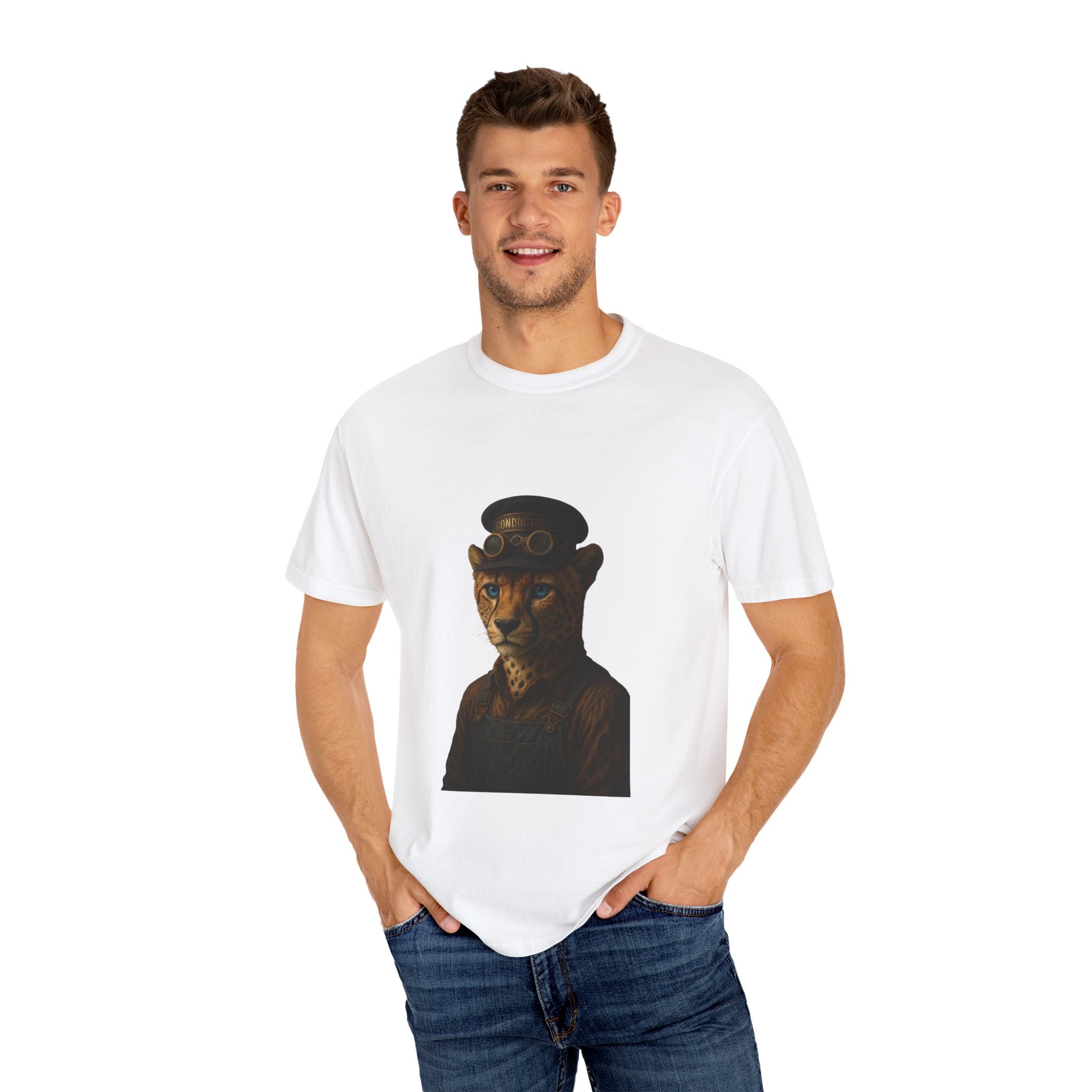 Cheetah Conductor from "Steampunk Kingdom" T-shirt, Unisex Tee, Animal Lover Gift, Casual Wear, Unique Graphic Tee, Perfect for Festivals