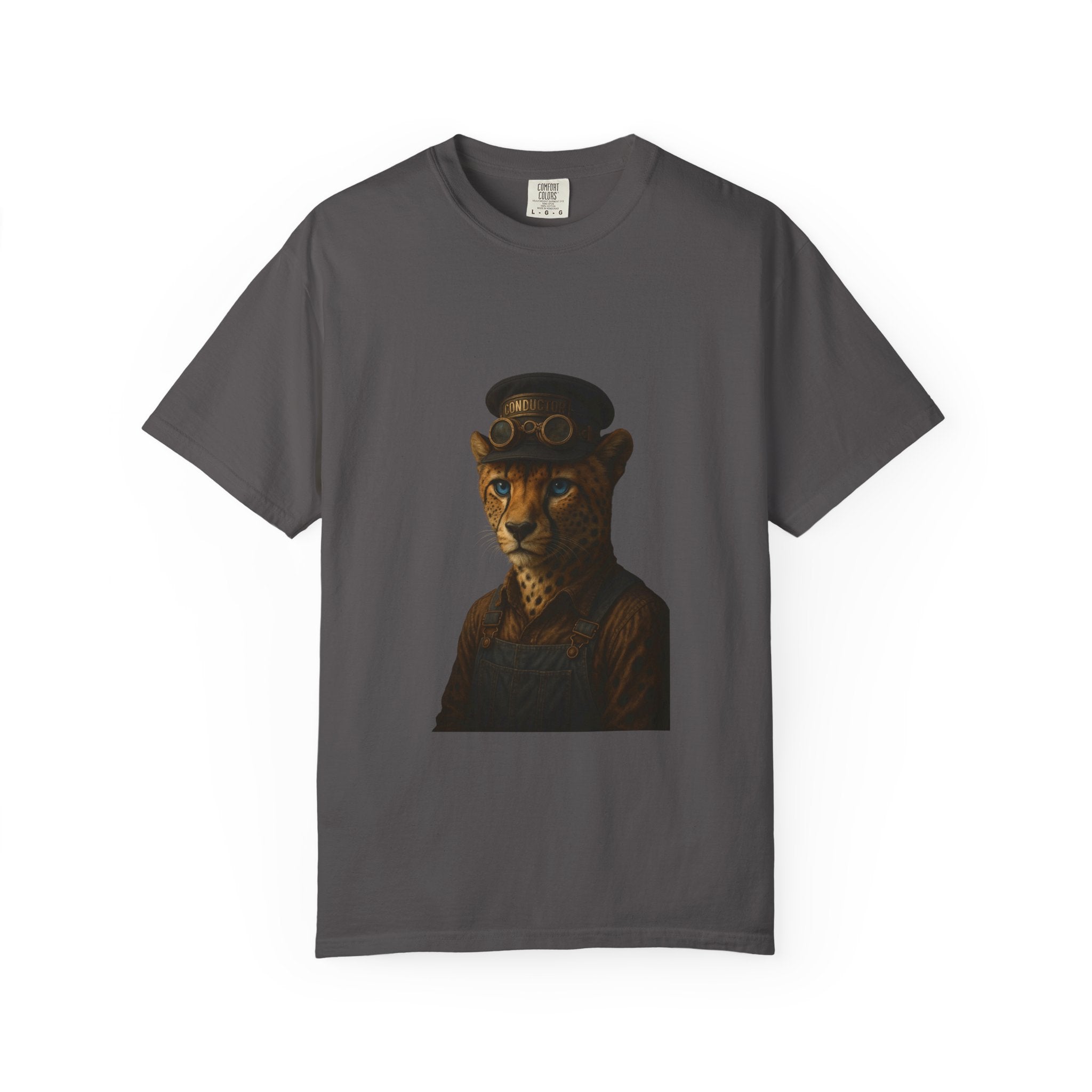 Cheetah Conductor from "Steampunk Kingdom" T-shirt, Unisex Tee, Animal Lover Gift, Casual Wear, Unique Graphic Tee, Perfect for Festivals