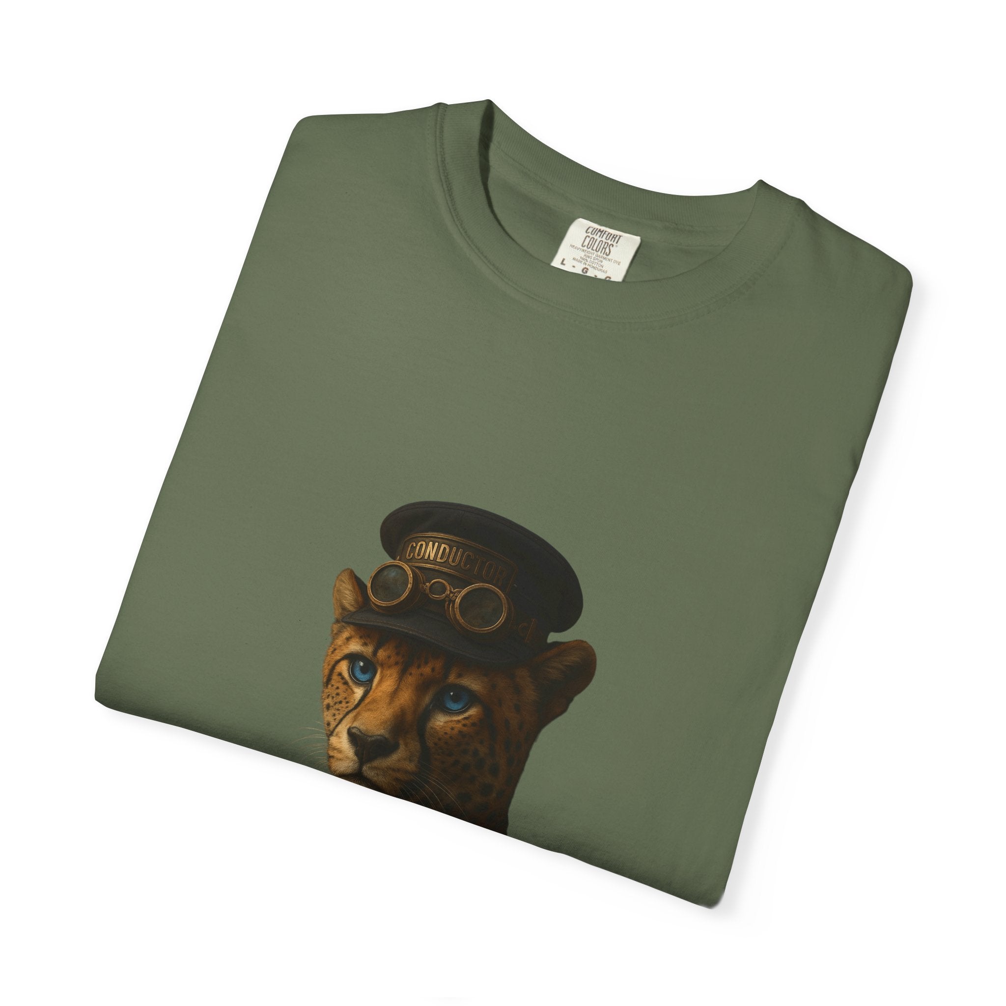 Cheetah Conductor from "Steampunk Kingdom" T-shirt, Unisex Tee, Animal Lover Gift, Casual Wear, Unique Graphic Tee, Perfect for Festivals