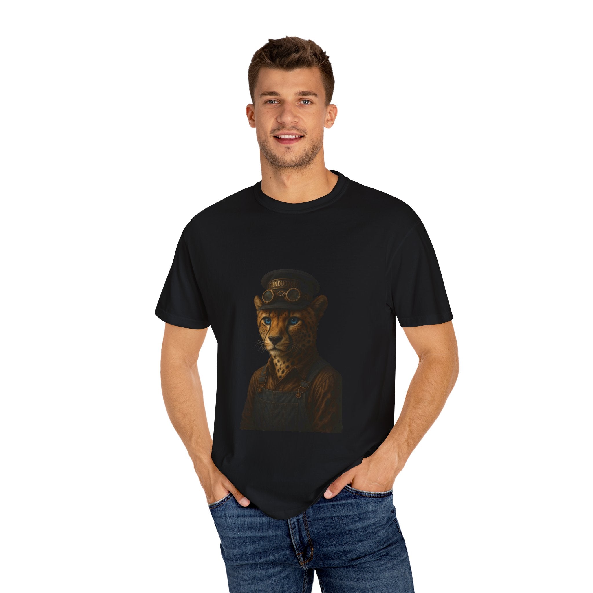 Cheetah Conductor from "Steampunk Kingdom" T-shirt, Unisex Tee, Animal Lover Gift, Casual Wear, Unique Graphic Tee, Perfect for Festivals