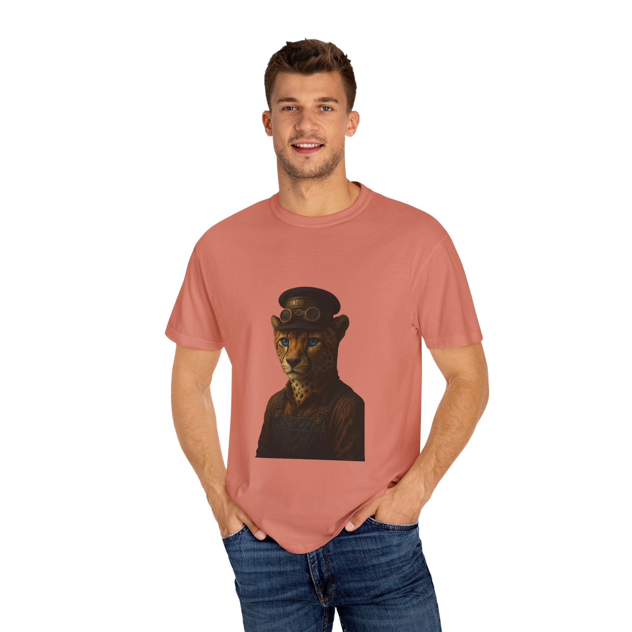 Cheetah Conductor from "Steampunk Kingdom" T-shirt, Unisex Tee, Animal Lover Gift, Casual Wear, Unique Graphic Tee, Perfect for Festivals