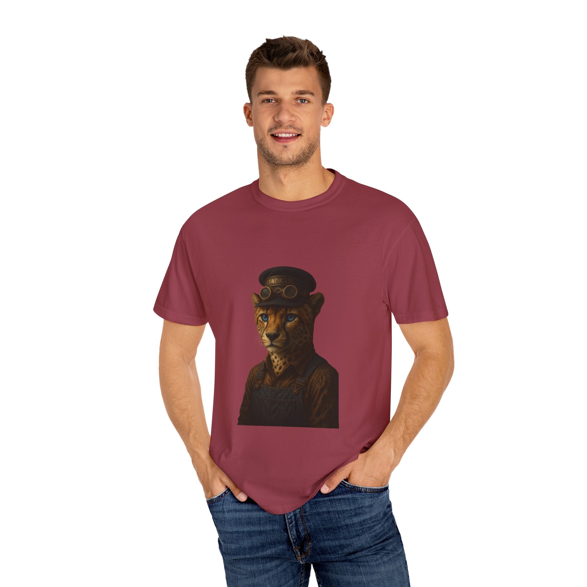 Cheetah Conductor from "Steampunk Kingdom" T-shirt, Unisex Tee, Animal Lover Gift, Casual Wear, Unique Graphic Tee, Perfect for Festivals