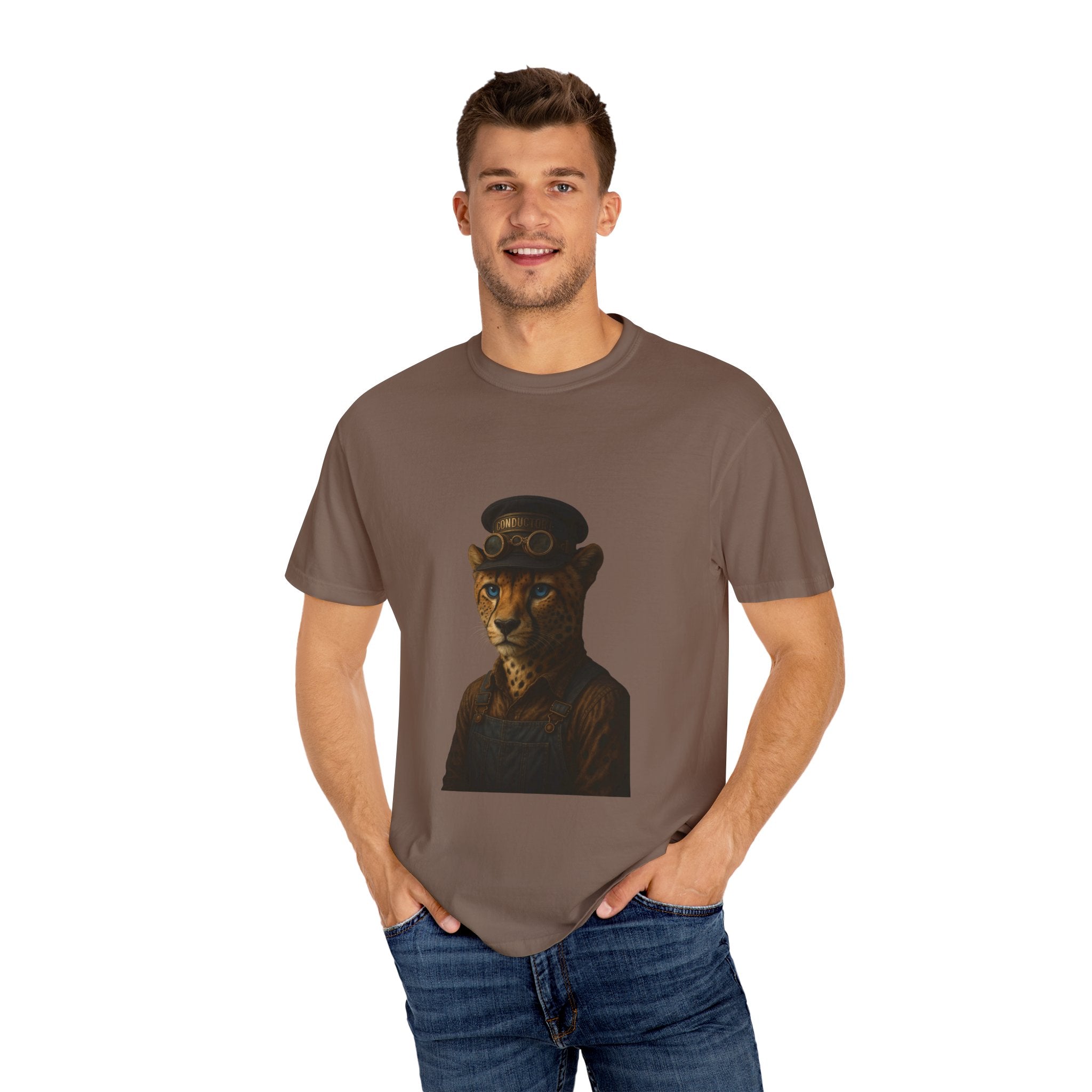 Cheetah Conductor from "Steampunk Kingdom" T-shirt, Unisex Tee, Animal Lover Gift, Casual Wear, Unique Graphic Tee, Perfect for Festivals
