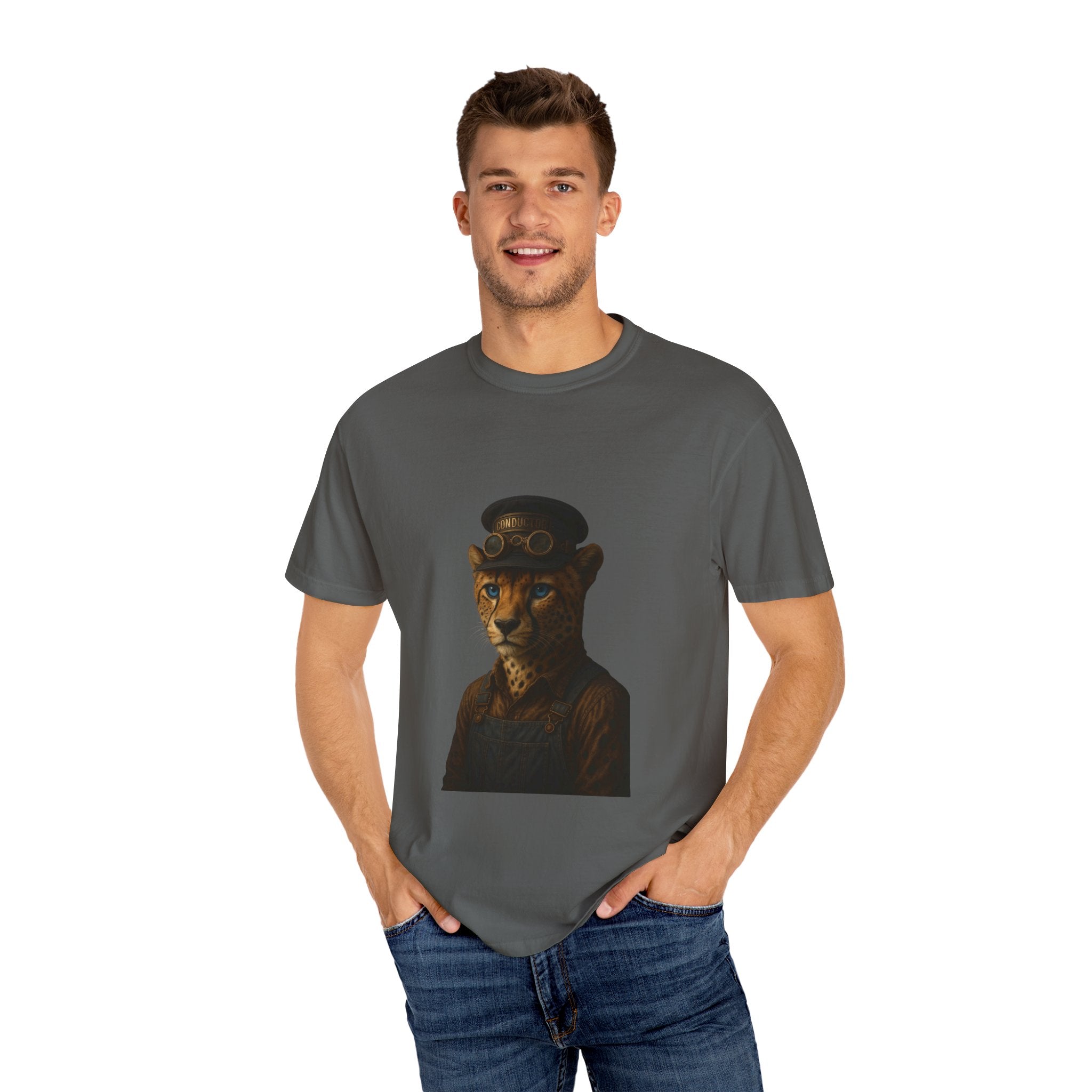 Cheetah Conductor from "Steampunk Kingdom" T-shirt, Unisex Tee, Animal Lover Gift, Casual Wear, Unique Graphic Tee, Perfect for Festivals