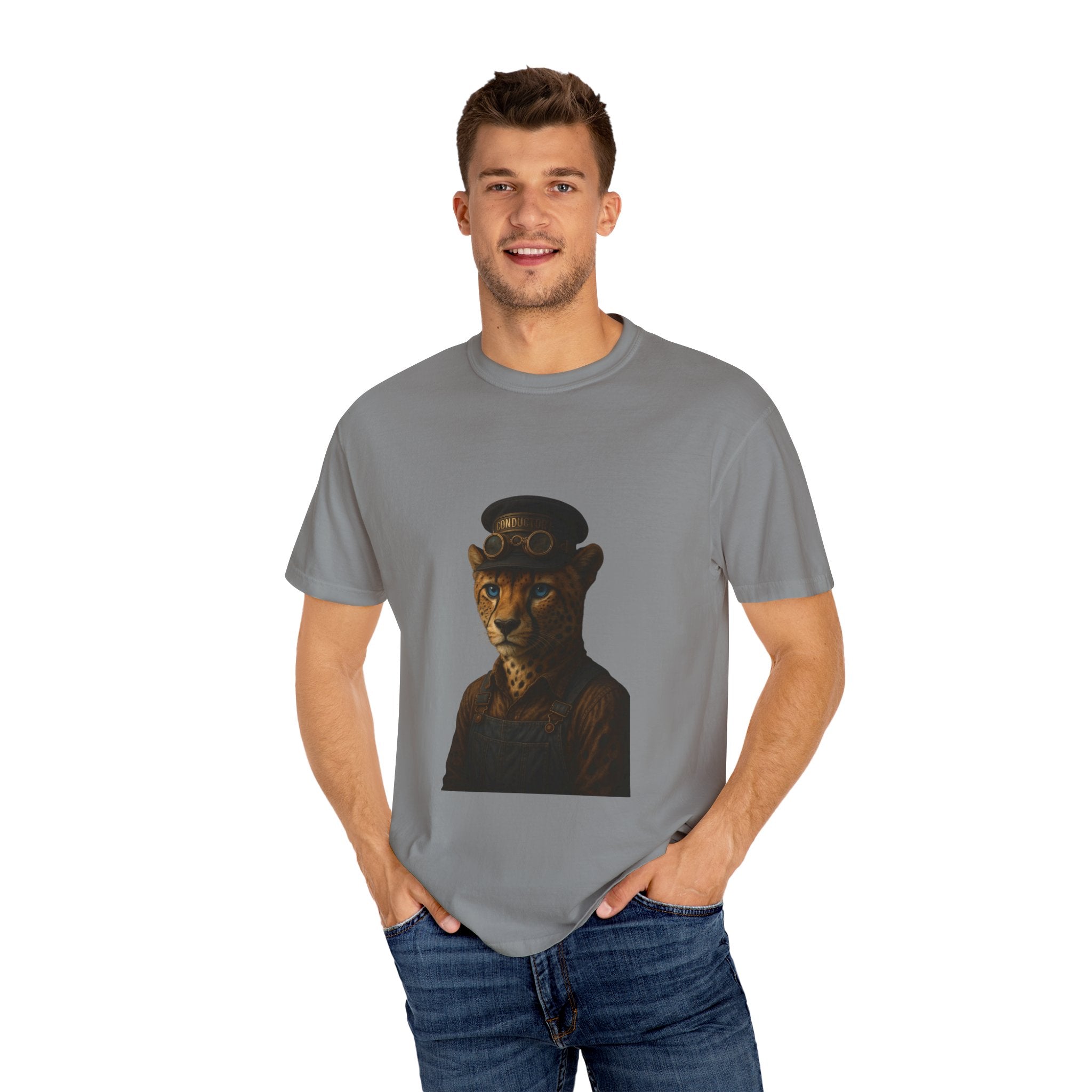 Cheetah Conductor from "Steampunk Kingdom" T-shirt, Unisex Tee, Animal Lover Gift, Casual Wear, Unique Graphic Tee, Perfect for Festivals